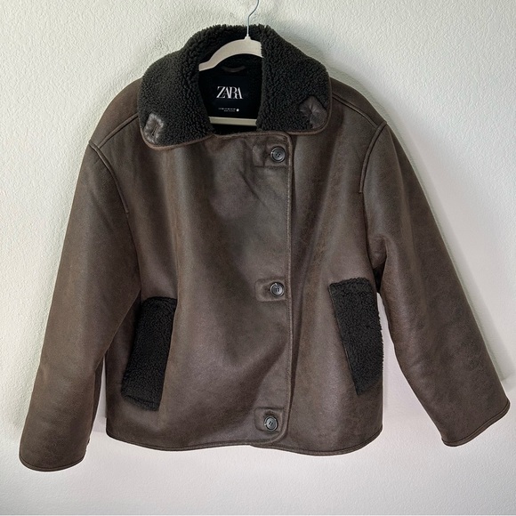 Zara Relaxed Double Faced Faux Shearling Brown Jacket SZ XS - Picture 3 of 8